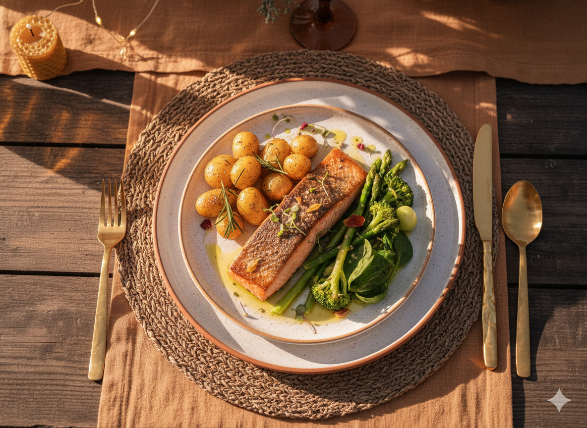 Lautasella kalaa, perunoita ja vihreää, selkeä koostumus