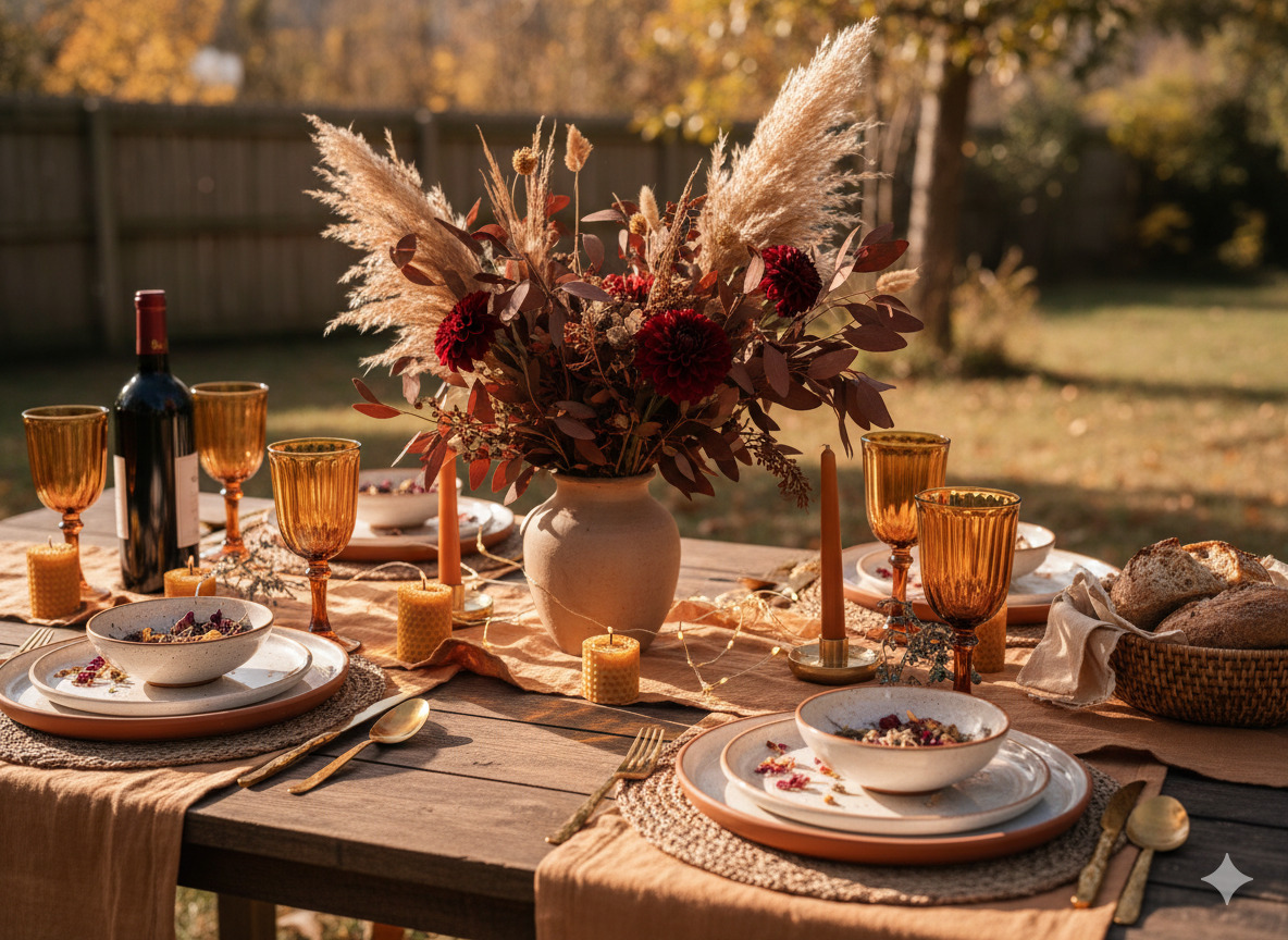 Kattaus pöydällä luonnonvalossa, lämmin sävy